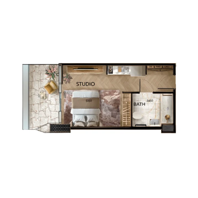 Radiant Bridges floor plan of Studio unit type B with balcony in a higher floor