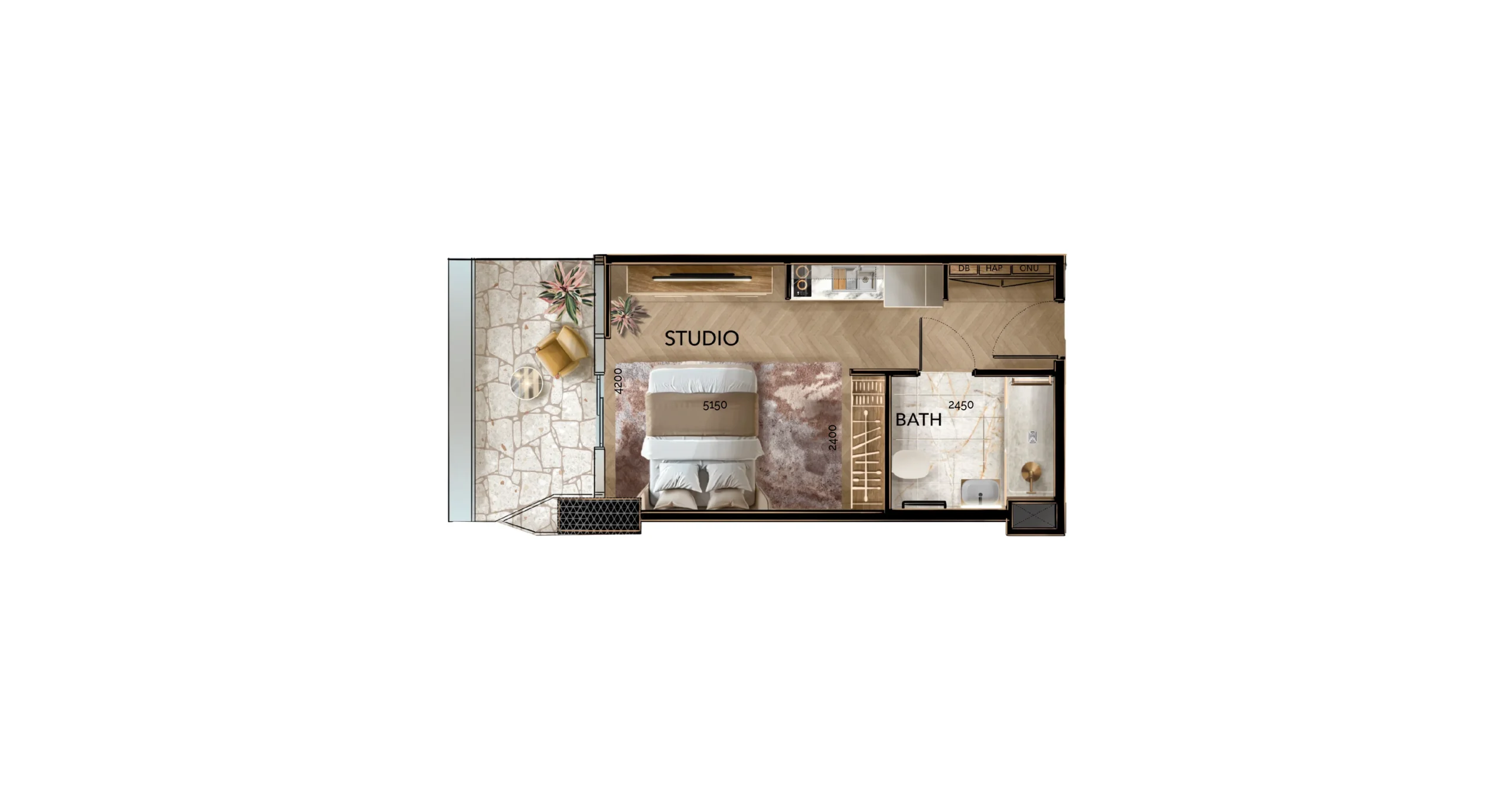 Radiant Bridges floor plan of Studio unit type B with balcony in a higher floor