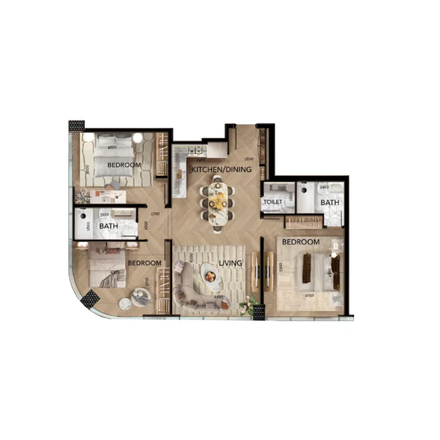 Radiant Bridges floor plans of a three bedroom type A apartment