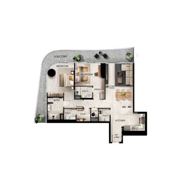 Two bedroom type D layout Radiant Waves